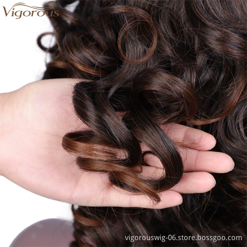 Vigorous Short Curly Wig With Bangs For Black Women Mixed Black And Brown Glueless Party Wig Synthetic Heat Resistant Hair Wig